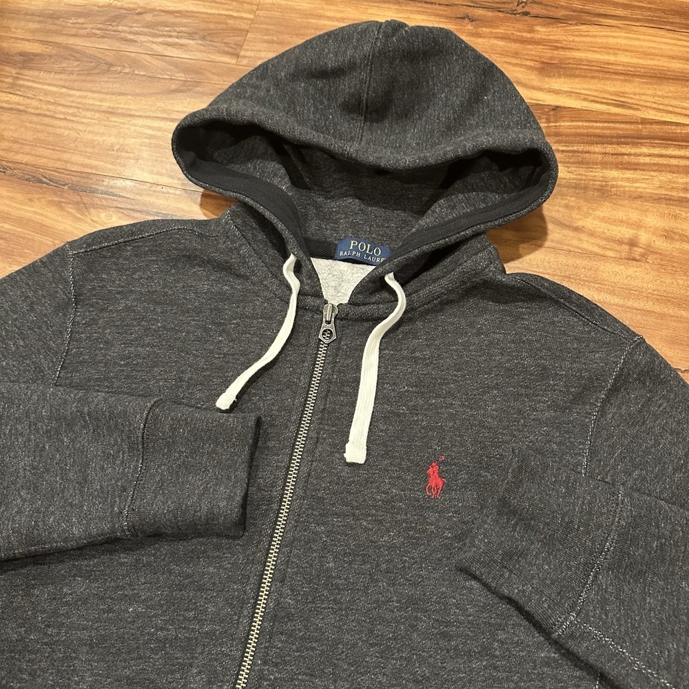 Polo Ralph Lauren Hoodie Mens Medium Gray Full Zip Fleece Pony Logo Sweatshirt
